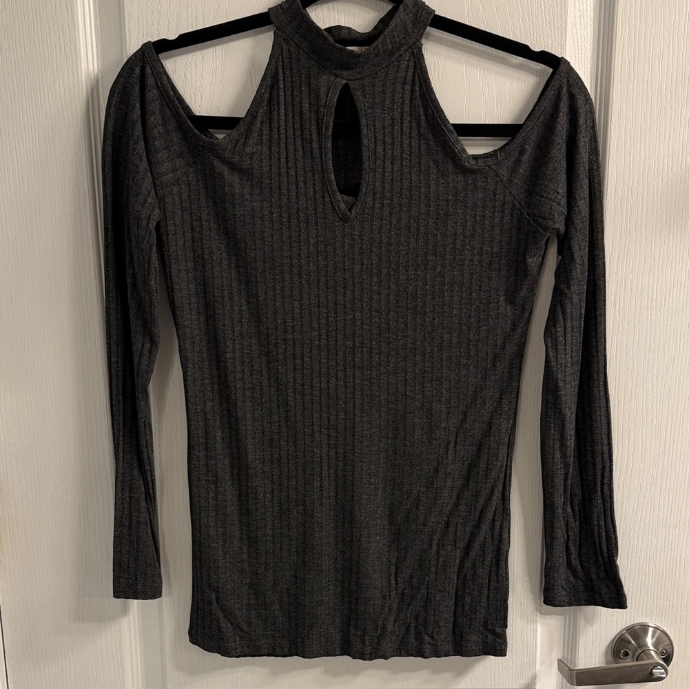 Heart Hips Dark Gray Cutout Long Sleeve Top